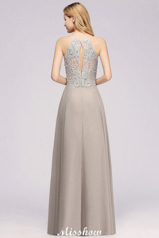 Stilvolles ärmelloses Abendkleid mit Blumenapplikationen, A-Linie, silbernes Chiffon, langes Brautjungfernkleid