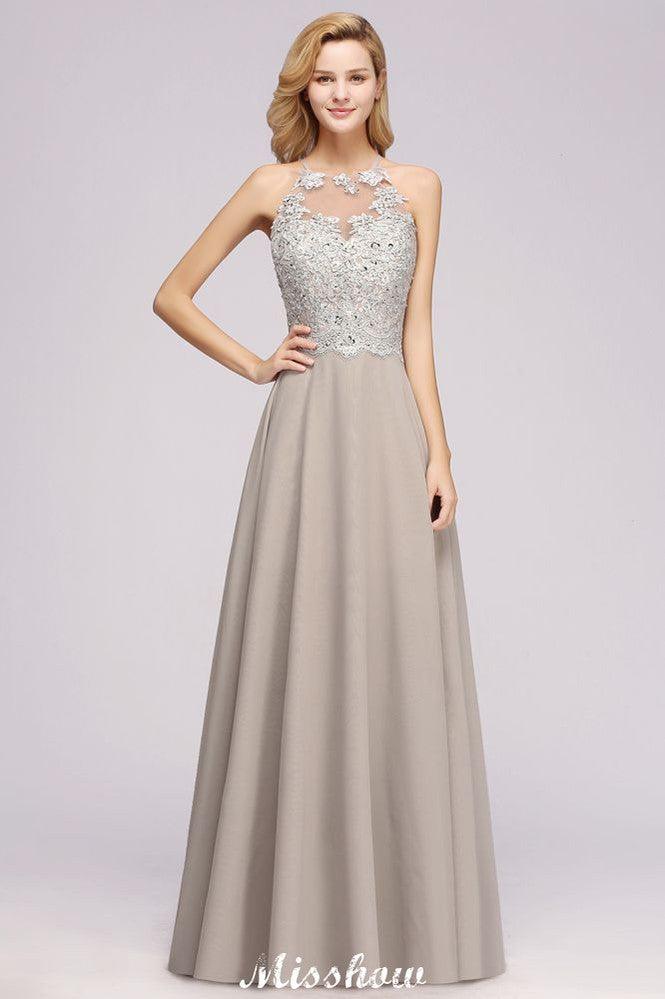 Stylish Floral Appliques Sleeveless Evening Party Gown Aline Silver Chiffon Long Bridesmaid Dress