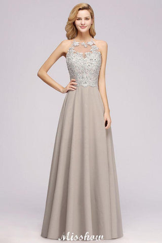 Stilvolles ärmelloses Abendkleid mit Blumenapplikationen, A-Linie, silbernes Chiffon, langes Brautjungfernkleid
