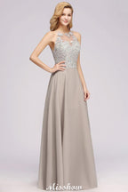 Stylish Floral Appliques Sleeveless Evening Party Gown Aline Silver Chiffon Long Bridesmaid Dress