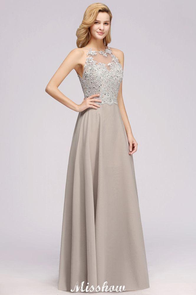 Stylish Floral Appliques Sleeveless Evening Party Gown Aline Silver Chiffon Long Bridesmaid Dress