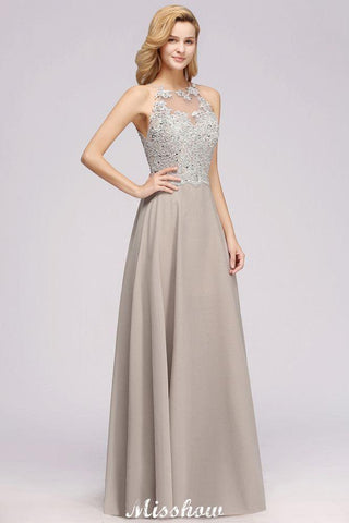 Stilvolles ärmelloses Abendkleid mit Blumenapplikationen, A-Linie, silbernes Chiffon, langes Brautjungfernkleid