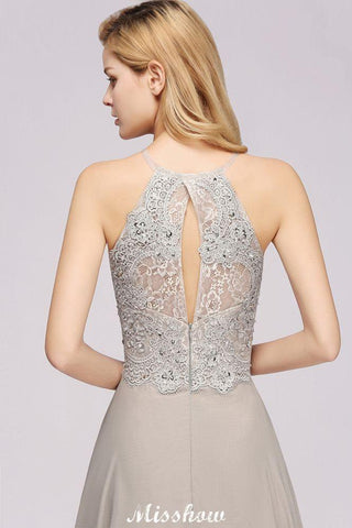 Stilvolles ärmelloses Abendkleid mit Blumenapplikationen, A-Linie, silbernes Chiffon, langes Brautjungfernkleid