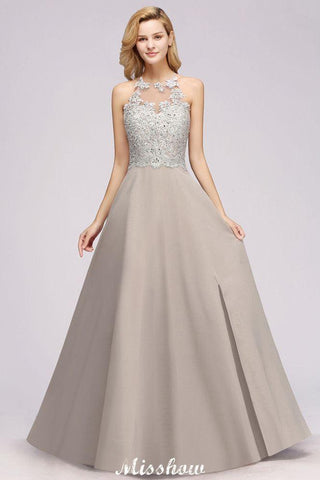 Stilvolles ärmelloses Abendkleid mit Blumenapplikationen, A-Linie, silbernes Chiffon, langes Brautjungfernkleid