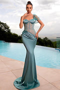 Elegante Vestido de Fiesta Largo de Sirena con Hombro Descubierto, Lentejuelas y Satinado sin Mangas