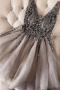 Stilvolles Trägerloses Pailletten Perlenbesetztes Kurzes Homecoming-Kleid Silber Tüll Cocktailkleid