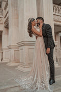 Vestido elegante de festa à noite, sem mangas, com decote em V, costas nuas, com aplicações de renda