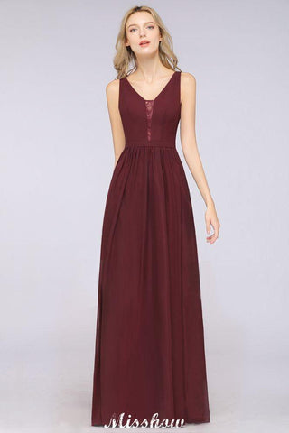 Stilvolles A-Linien-Abend-Maxikleid mit V-Ausschnitt und Chiffon-Ärmellosem Brautjungfernkleid in Burgunderrot