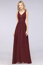 Stylish V-Neck aline Evening Maxi Gown Chiffon Sleeveless Bridesmaid Dress Burgundy