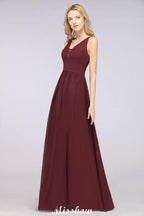 Stylish V-Neck aline Evening Maxi Gown Chiffon Sleeveless Bridesmaid Dress Burgundy