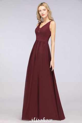 Stilvolles A-Linien-Abend-Maxikleid mit V-Ausschnitt und Chiffon-Ärmellosem Brautjungfernkleid in Burgunderrot