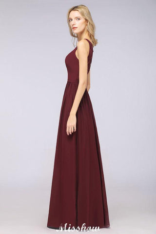 Stilvolles A-Linien-Abend-Maxikleid mit V-Ausschnitt und Chiffon-Ärmellosem Brautjungfernkleid in Burgunderrot