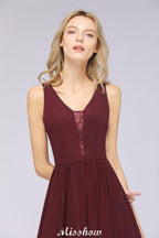 Stylish V-Neck aline Evening Maxi Gown Chiffon Sleeveless Bridesmaid Dress Burgundy