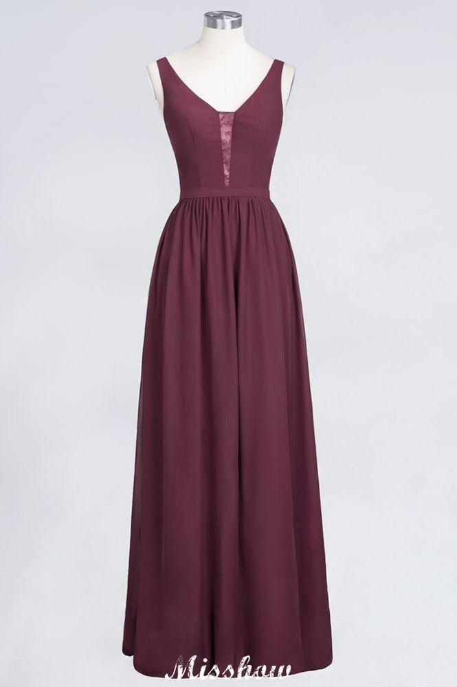 Stylish V-Neck aline Evening Maxi Gown Chiffon Sleeveless Bridesmaid Dress Burgundy