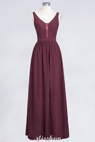 Stilvolles A-Linien-Abend-Maxikleid mit V-Ausschnitt und Chiffon-Ärmellosem Brautjungfernkleid in Burgunderrot