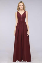 Stylish V-Neck aline Evening Maxi Gown Chiffon Sleeveless Bridesmaid Dress Burgundy