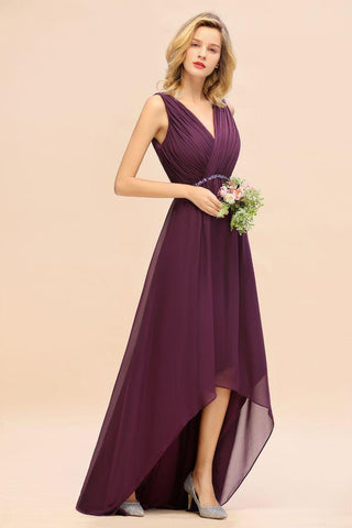 Stilvolles Hi-Lo-Partykleid mit V-Ausschnitt und A-Linie, Perlen, Chiffon, Brautjungfernkleid