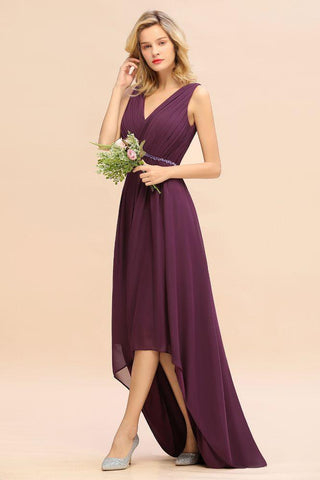 Stilvolles Hi-Lo-Partykleid mit V-Ausschnitt und A-Linie, Perlen, Chiffon, Brautjungfernkleid