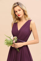 Stylish V-Neck Hi-Lo Party Dress A-line Beads Chiffon Bridesmaid Dress