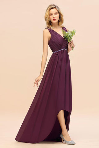 Stilvolles Hi-Lo-Partykleid mit V-Ausschnitt und A-Linie, Perlen, Chiffon, Brautjungfernkleid