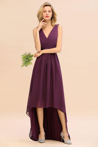 Stilvolles Hi-Lo-Partykleid mit V-Ausschnitt und A-Linie, Perlen, Chiffon, Brautjungfernkleid
