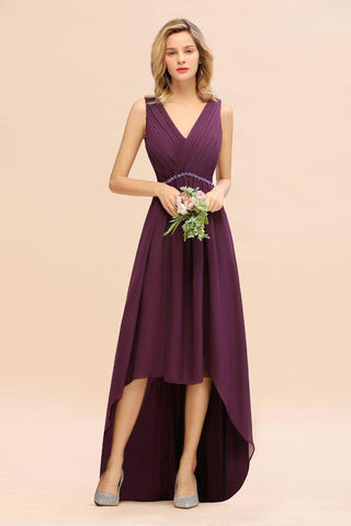 Stilvolles Hi-Lo-Partykleid mit V-Ausschnitt und A-Linie, Perlen, Chiffon, Brautjungfernkleid