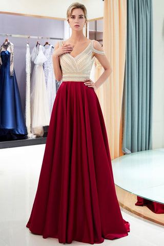 Stilvolles ärmelloses Abendkleid in A-Linie mit V-Ausschnitt und Kristallperlen in Burgunderrot