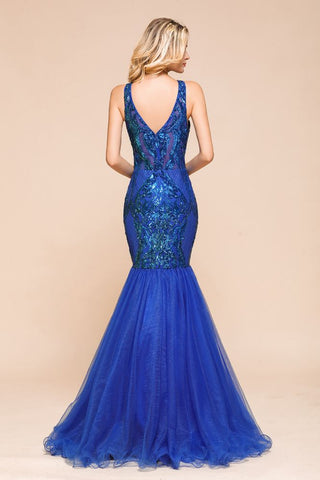Stilvolles Meerjungfrau-Ballkleid mit V-Ausschnitt, glitzernden Pailletten, ärmellos, bodenlang, rüschenförmig