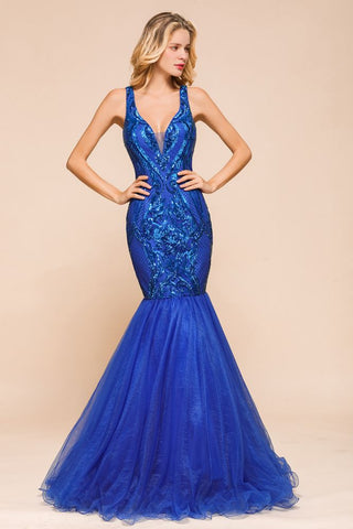 Stilvolles Meerjungfrau-Ballkleid mit V-Ausschnitt, glitzernden Pailletten, ärmellos, bodenlang, rüschenförmig