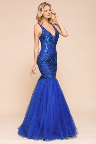 Stilvolles Meerjungfrau-Ballkleid mit V-Ausschnitt, glitzernden Pailletten, ärmellos, bodenlang, rüschenförmig