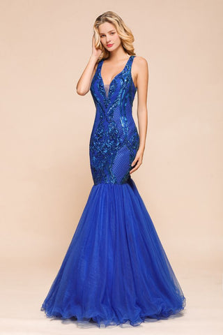 Stilvolles Meerjungfrau-Ballkleid mit V-Ausschnitt, glitzernden Pailletten, ärmellos, bodenlang, rüschenförmig