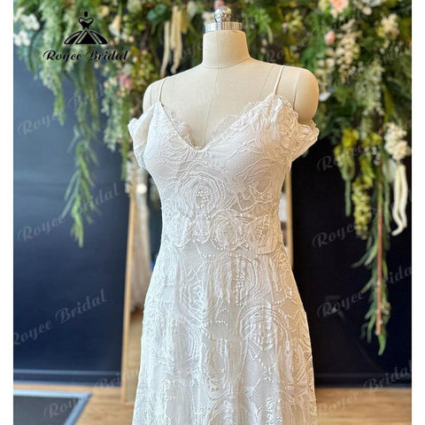 NumberSea suknia slubna V-Ausschnitt Spitze Blumen Strand Off Shoulder Split Middle Boho Brautkleid Kurze Flügelärmel Spaghettiträger Brautkleid 