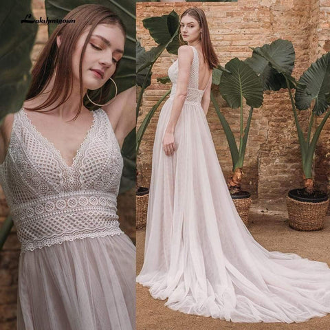 NumberSea Sommer-Spitze, böhmische Brautkleider, V-Ausschnitt, Boho-Spitze