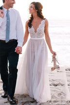 NumberSea Vestidos de noiva de praia com decote em V profundo e tule branco, MW210 