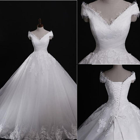NumberSea Weißes Spitzen-Brautkleid im klassischen Stil mit schulterfreiem Schnitt und Schnürung, MW186 