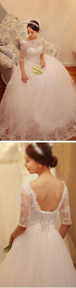 Robe de mariée blanche en tulle dentelle à manches trois-quarts avec perles, robes de mariée, MW159