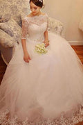 Abito da sposa in tulle e pizzo bianco con mezze maniche e perline, abiti da sposa, MW159