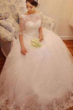 Abito da sposa in tulle e pizzo bianco con mezze maniche e perline, abiti da sposa, MW159