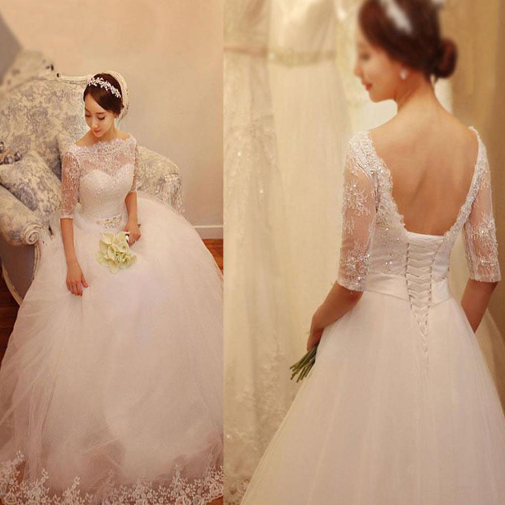 Robe de mariée blanche en tulle dentelle à manches trois-quarts avec perles, robes de mariée, MW159