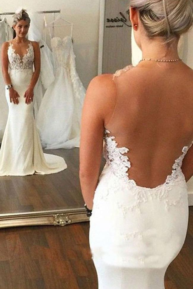 Robe de mariée sirène dos nu en dentelle blanche transparente, MW203