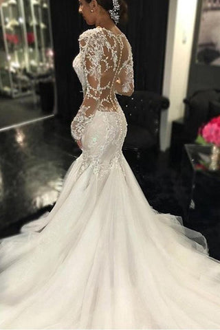 NumberSea Weißes Langarm-Brautkleid aus durchsichtiger Spitze, elegante Brautkleider, MW189 