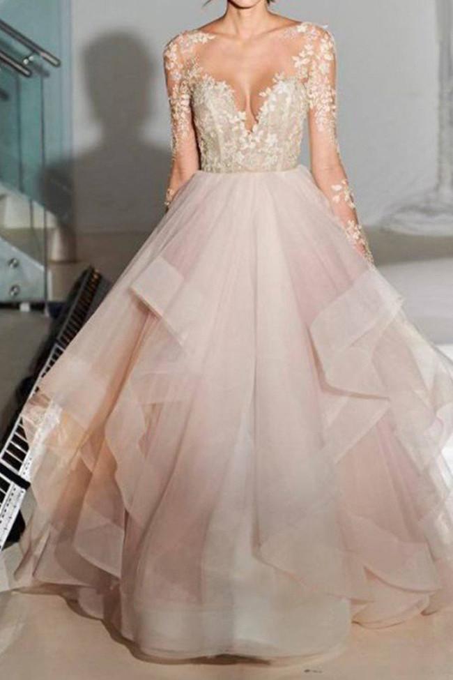 Abiti da sposa a linea A con schiena aperta, pizzo e maniche lunghe, abiti da sposa, MW202