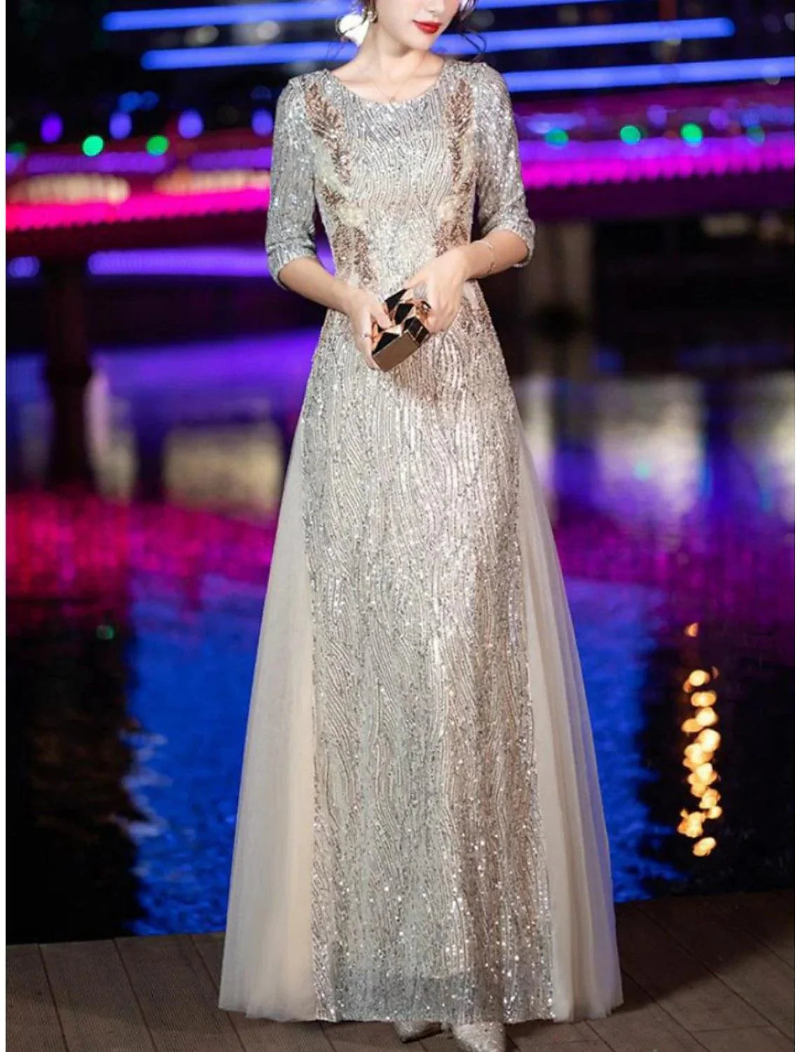 Vestido tubinho/coluna para mãe da noiva, festa de casamento, brilho e cintilante, pequeno, decote redondo, comprimento até ao chão, tule, lantejoulas, meia manga com pregas