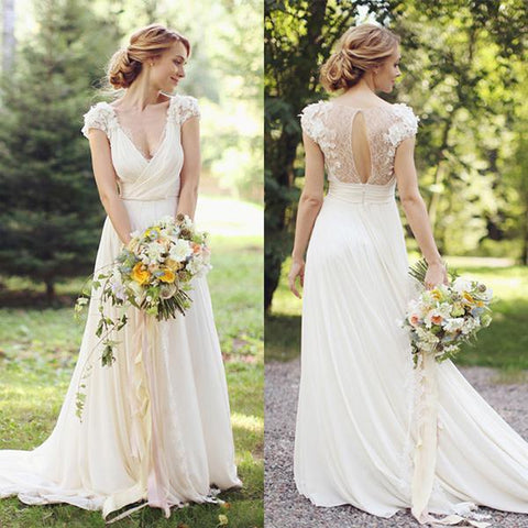 NumberSea Brautkleider mit transparentem Rücken, tiefem V-Ausschnitt und kurzen Ärmeln und Applikationen, MW133 