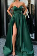 Robe de bal longue vert foncé à devant fendu en ligne A avec poches PG832