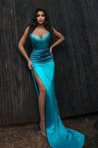 Sweetheart Satin Long Mermaid Formal Prom Dress with Slit