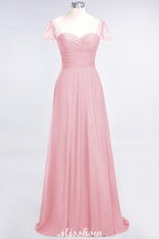 Sweetheart Cap-Sleeves Ruffle Floor-Length Bridesmaid Dress with Beadings Moher if the Bride Dresses