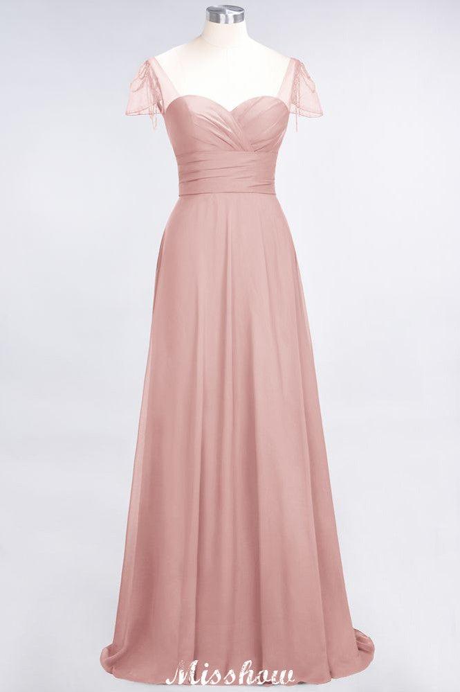 Sweetheart Cap-Sleeves Ruffle Floor-Length Bridesmaid Dress with Beadings Moher if the Bride Dresses