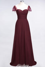 Sweetheart Cap-Sleeves Ruffle Floor-Length Bridesmaid Dress with Beadings Moher if the Bride Dresses