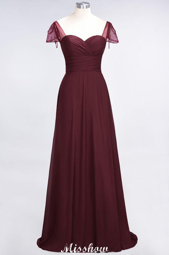 Sweetheart Cap-Sleeves Ruffle Floor-Length Bridesmaid Dress with Beadings Moher if the Bride Dresses